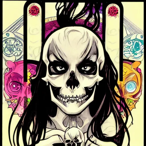 Image similar to anime manga skull portrait face skeleton illustration style by Alphonse Mucha and Jim Lee comic pop art nouveau