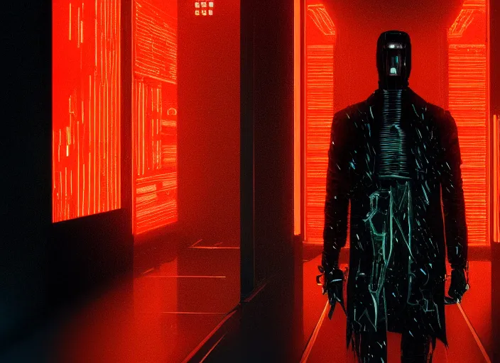 Image similar to man wearing black cyberpunk coat cybernetic hand (emissive red details glowing) metal reflective long fingers spindly creepy pointed, walking down, white marble hallway flooded with dark water. Scene from Bladerunner 2049 (2017) Artstation trending 720p.