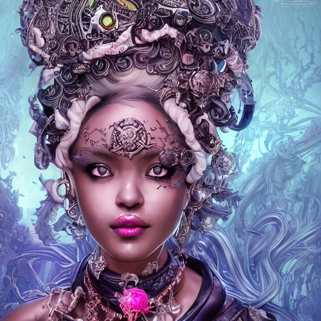 Image similar to the portrait of chaotic evil female necromancer mastermind as absurdly beautiful, gorgeous, elegant, cute young black idol, an ultrafine hyperdetailed illustration by kim jung gi, irakli nadar, intricate linework, bright colors, octopath traveler, final fantasy, unreal engine 5 highly rendered, global illumination, radiant light, detailed and intricate environment