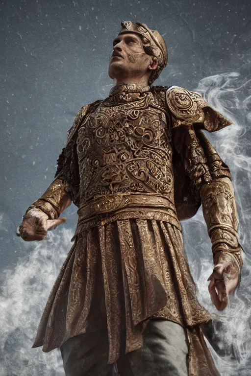 Image similar to a photo of julius caesar, ancient roman setting, dynamic pose, close - up, intricate details, intricately detailed clothing, intricate textures, warm lighting, vivid colors, smoke and mist, realistic octane render, hyper realistic render, volumetric shading, depth of field, raytracing, 8 k,