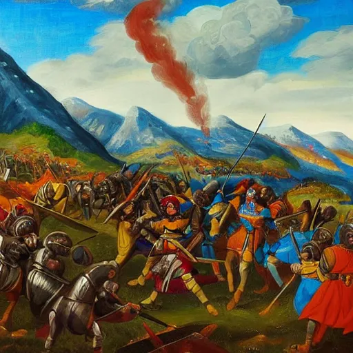 Prompt: colorful simple wideshot of a medieval battle in front of a beautiful blue mountainscape, painting
