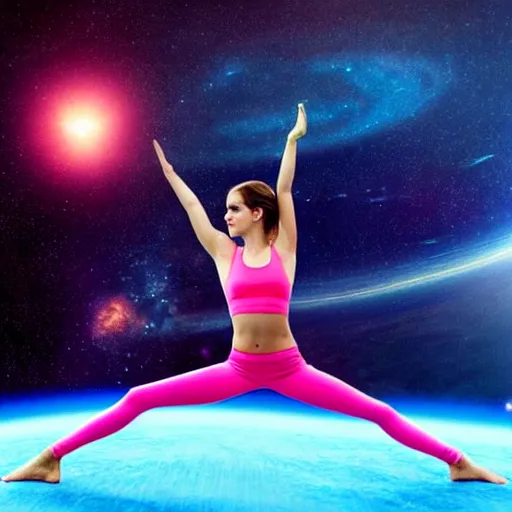 Image similar to emma watson as yoga instructor in space, trending high quality art station, cinematic shot, magical colors and atmosphere, perfect composition, coherent, realistic, professional 8 k