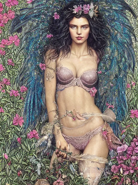 Image similar to a 65mm portrait of an Victoria's Secret angel who wearing embellished sequined feather-adorned wings at flower bushes,by tom bagshaw,Cedric Peyravernay,Cedric Peyravernay,marie spartali Stillman,William Morris,Dan Mumford,trending on pinterest，maximalist,glittering,feminine