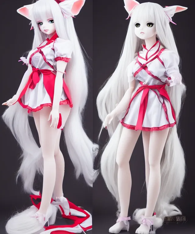 Image similar to full body cute adorable young anime kitsune with white curly hair, style of neytrix, lifesize doll, creepy