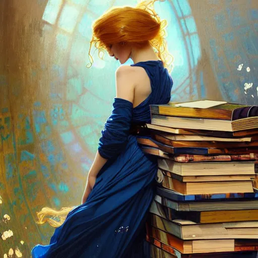 Image similar to A girl in a blue dress standing over a pile of books with golden locks down her back and a black cat at her feet, face, fantasy, intricate, elegant, highly detailed, digital painting, artstation, concept art, smooth, sharp focus, illustration, art by Krenz Cushart and Artem Demura and alphonse mucha