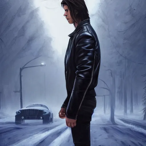 Image similar to by alexander trufanov by artgerm by simon stalenhag young man from back pacing lowering head dressed in short leather bomber jacket to empty narrow alley with street lamps in park with pines to the horizon,, with hands in pockets, snowfall at night, mullet long haircut, black hairs, cinematic, dramatic, detailed, realistic, movie shot, low lighting