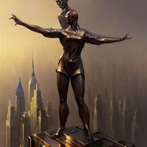 Image similar to a bronze sculpture stands as the centerpiece of futuristic art deco new york city, fantasy, intricate, elegant, digital painting, trending on artstation, concept art, sharp focus, illustration by greg rutkowski, Gaston Bussiere and artgerm, 4k.