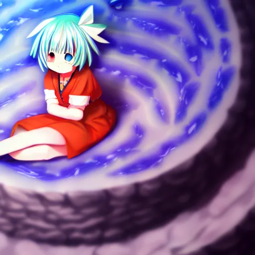 Image similar to cirno sitting on a giant sushi roll, digital art, 4K