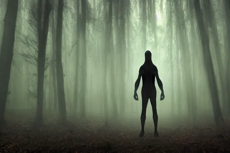Image similar to a mystical alien standing in a dark, gloomy forest, detailed, mythical, mist, depressing, tired, dark, lush, nature, mist, mystery, glows, somber, dismal, fog, heavy fog, dark lighting, rim light, ambient light,