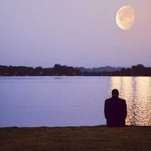 Image similar to a man siting in front of water looking at the moon light in the night