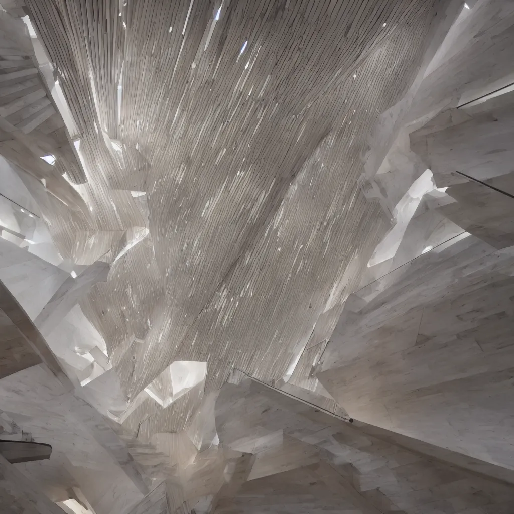 Image similar to a wooden and marble monumental stair tower of light climbing up, designed by zaha hadid, highly detailed, 4 k, unreal engine, volumetric lightning, mist, golden goddess athena