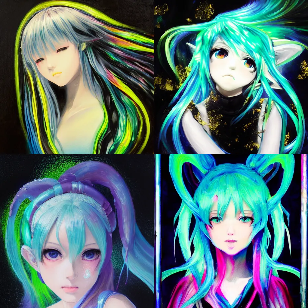 Prompt: A bright thick silver liquid seeping through,highly detailed painting of Hatsune Miku with sparkly anime eyes, chiaroscuro, masterpiece painted by Claude Monet, nacre painting, paint-on-glass painting, pastel oil inks, very ethereal, dark, chiaroscuro, nacre, neon static, neon gradient, vantablack, chiaroscuro, paint-on-glass painting, oil inks, very ethereal, silver light, anime, anime, anime, anime, KyoAni