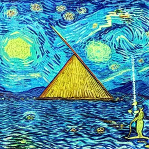 Image similar to pyramids in the middle of the ocean with planet people van gogh