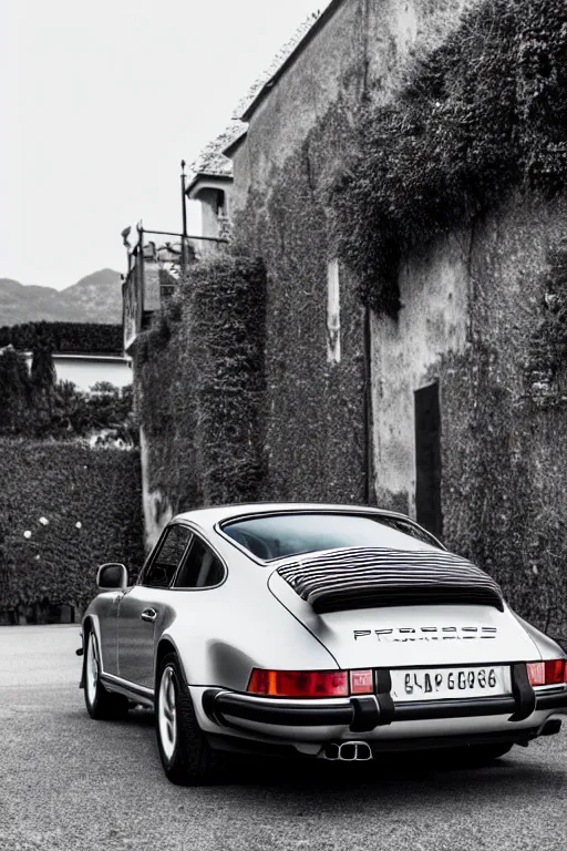 Image similar to Photo of a silver Porsche 911 Carrera 3.2 parked on a dock in Lake Como, daylight, dramatic lighting, award winning, highly detailed, 1980s, luxury lifestyle, fine art print, best selling.