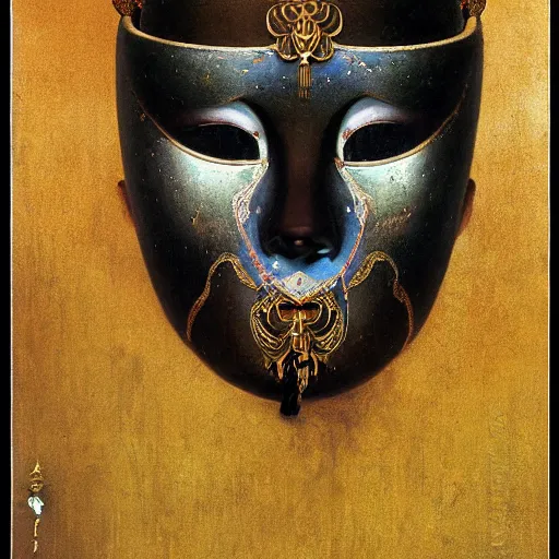 Image similar to portrait of masked Byzantine Tang Dynasty dancer on the art deco streets of the Undying Empire city of ya-Sattra during the Festival of Masks, award-winning realistic sci-fi concept art by Beksinski, Bruegel, Greg Rutkowski, Alphonse Mucha, and Yoshitaka Amano