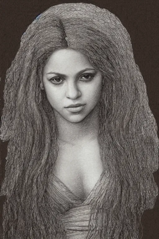 Prompt: a portrait of shakira in the style of leonardo da vinci drawing,, single head, no double head,