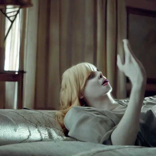 Image similar to amazing beautiful Christina Hendricks with mouth wide open in the living room, film still from the movie directed by Denis Villeneuve , wide lens