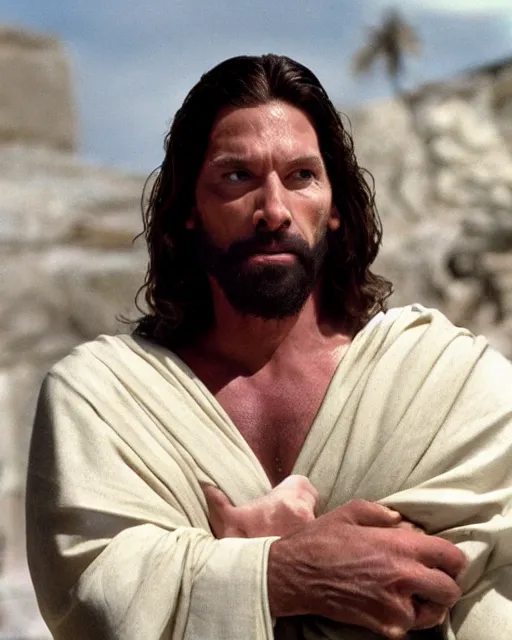 Image similar to film still close - up shot of vince mcmahon as jesus. photographic, photography