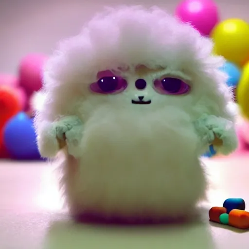 Image similar to <picture quality=hd+ mode='attention grabbing'>An adorable fluffy robot gets high on drugs and trips balls</picture>