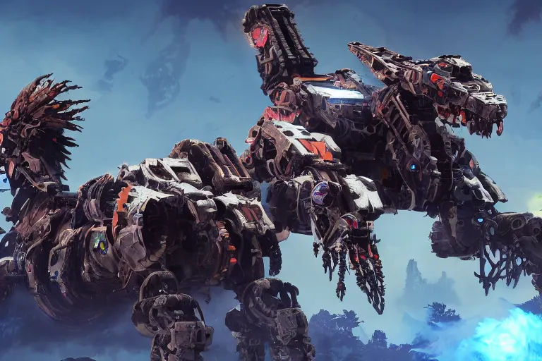 Image similar to behemoth machine mecha animal beast robot of horizon forbidden west horizon zero dawn bioluminiscence global illumination ray tracing hdr fanart arstation by sung choi and eric pfeiffer and gabriel garza and casper konefal