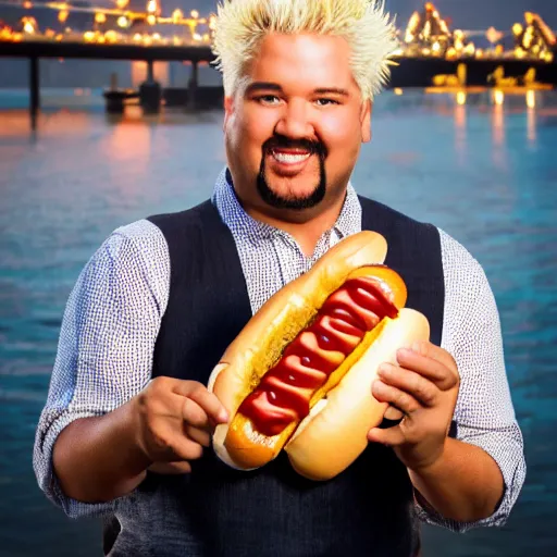 Image similar to stock image guy holding hot dog over a bridge with guy fieri