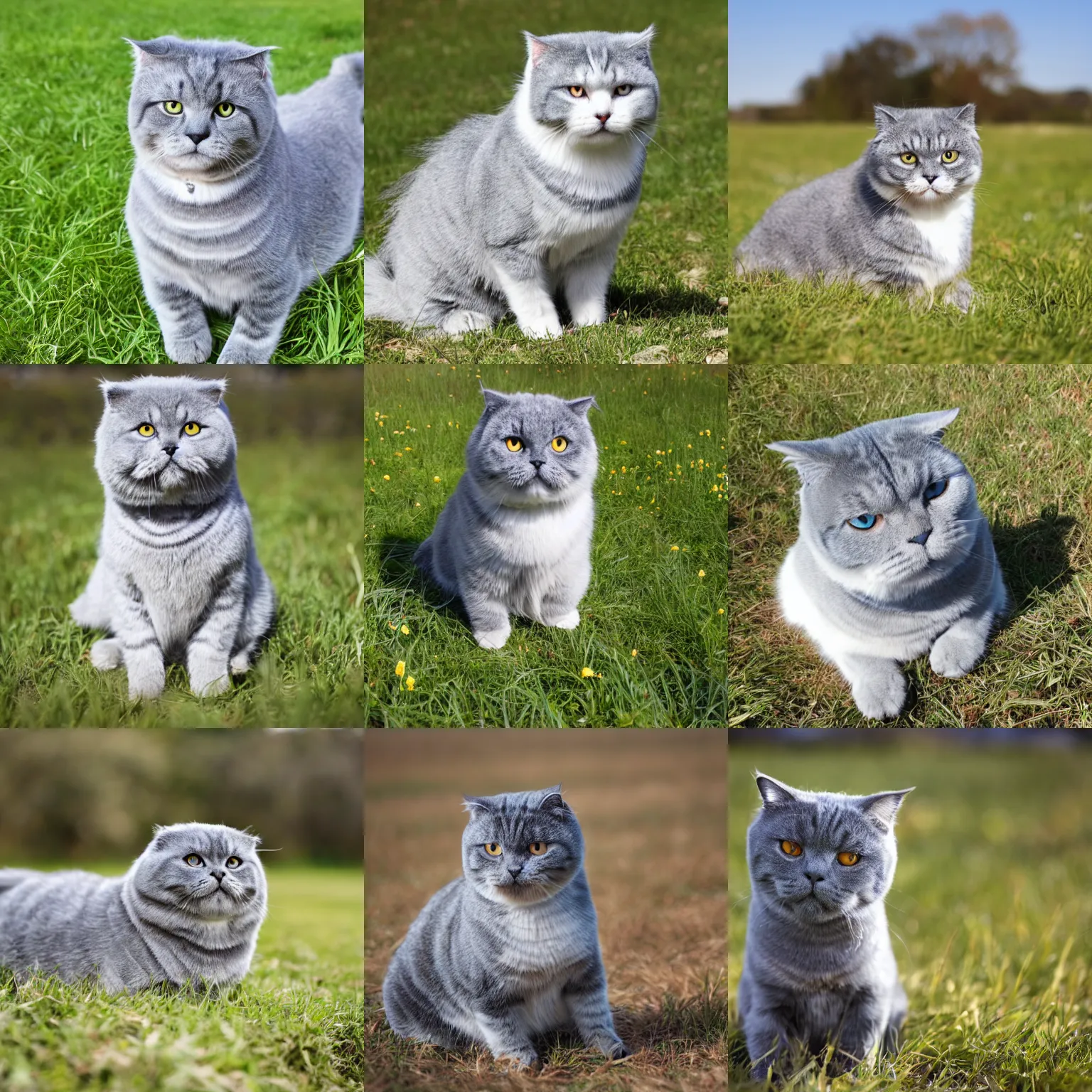 Prompt: gray scottish fold sitting in the middle of sunny meadow