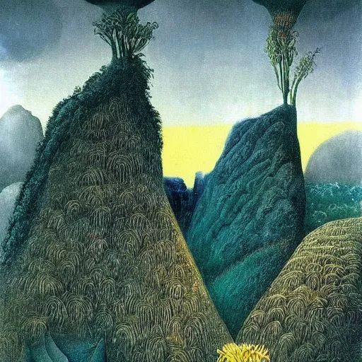 Prompt: painting of a lush natural scene on an alien planet by remedios varo. beautiful landscape. weird vegetation. cliffs and water.