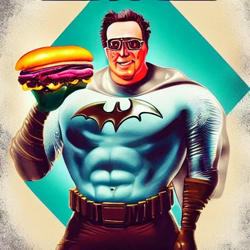 Image similar to “Arnold as mr freeze eating a frozen hamburger raw, Joel schumachers Batman and Robin, kitsch, grotesque, hyperreal, 8k trending on artstation concept art portrait”