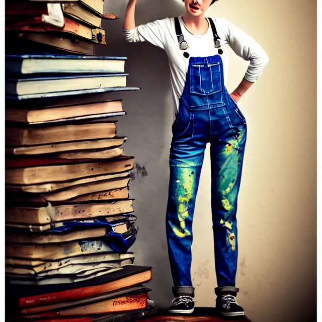 Image similar to full body pose, beautiful adult book fairy, pixar, short white hair shaved sides, dirty, grungy, grunge, long sleeve, painted overalls, stacks of giant books, highly detailed, 4 k, hdr, smooth, sharp focus, high resolution, award - winning photo, artgerm, photorealistic