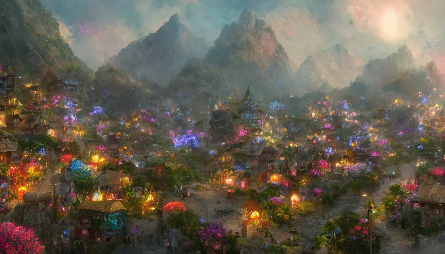 Image similar to village built in flowery mountains, glow lights at night, hyperdetailed, artstation, cgsociety, 8 k