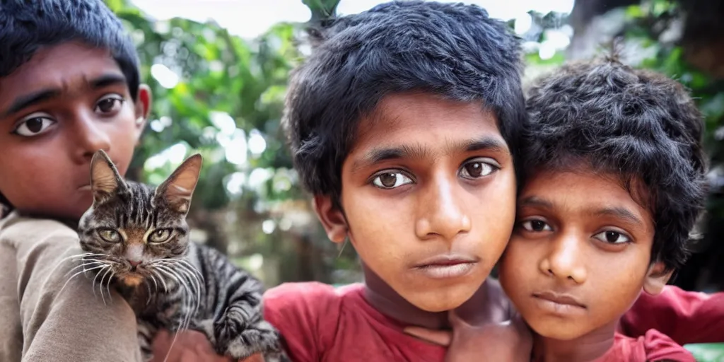 Prompt: sri lankan kid with cat, looking at camera, closeup, drawn by hayao miyazaki