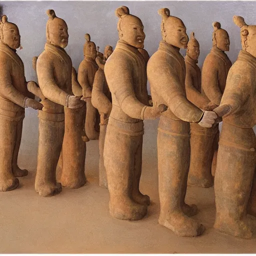 Image similar to A performance art. A rip in spacetime. Did this device in her hand open a portal to another dimension or reality?! terracotta warriors by Jean Delville, by William Gropper rigorous, ornate