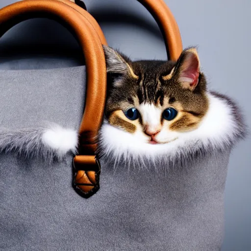 Image similar to lots of furry cute cats inside a big handbag, the handbag is over a wood table, stock photo, gray background, studio lighting, detailed photo, 4 k, 8 k