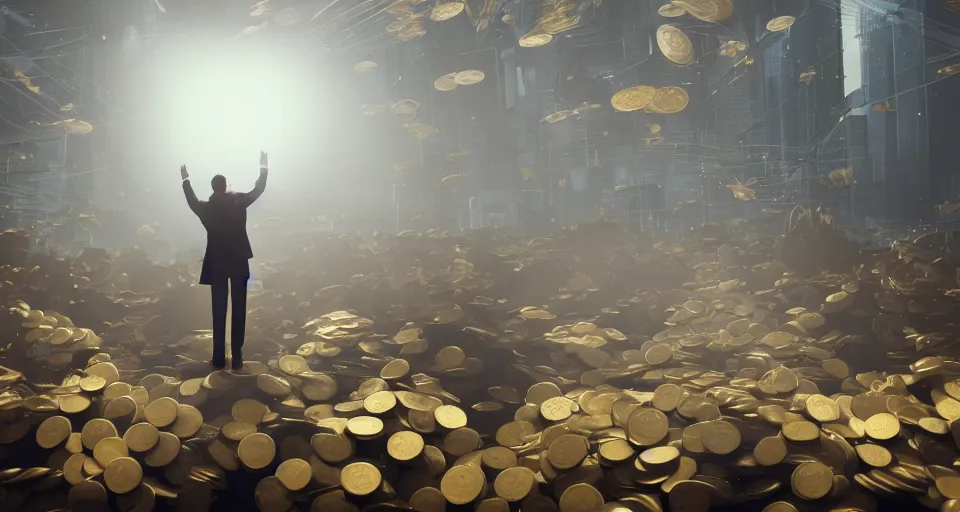 Image similar to Dramatic photo of a CEO waving to a large group of his coworkers in a futuristic office. Golden coins are levitating all around them. 8k, high detail, trending on Artstation, volumetric lighting, cyberpunk