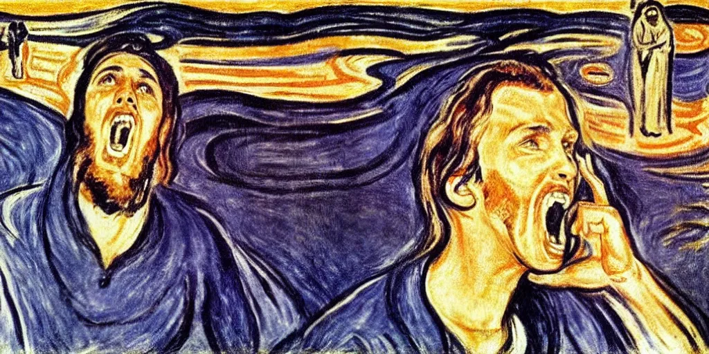 Prompt: killing biblical Matthew with loud yells in an apocaliptic environment, expressionist, art by Edvard Munch