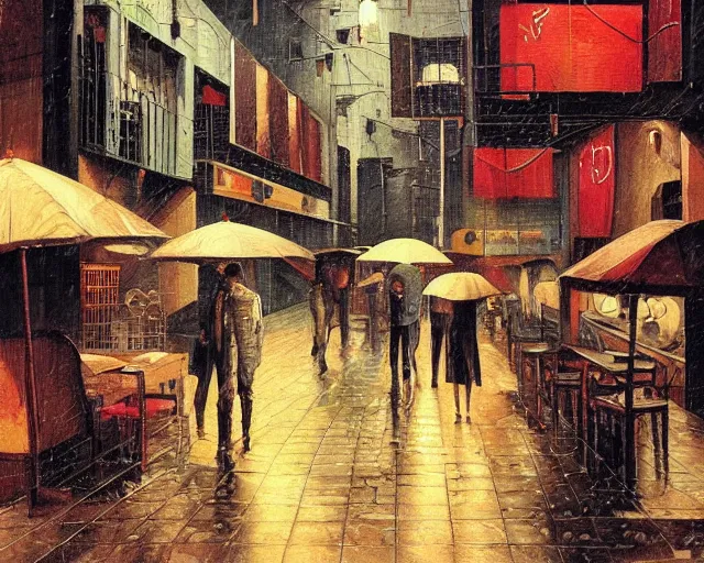 Prompt: a melancholy rainy night in a food street of cyberpunk city de chirico