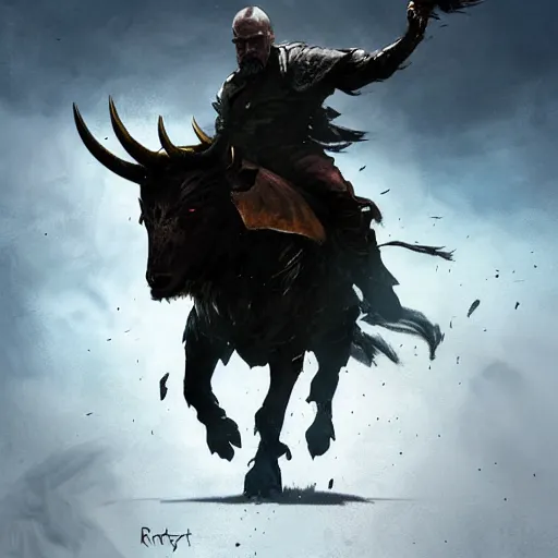 Prompt: Walter white as a dark fantasy warrior riding a bull, made by Greg Rutkowski