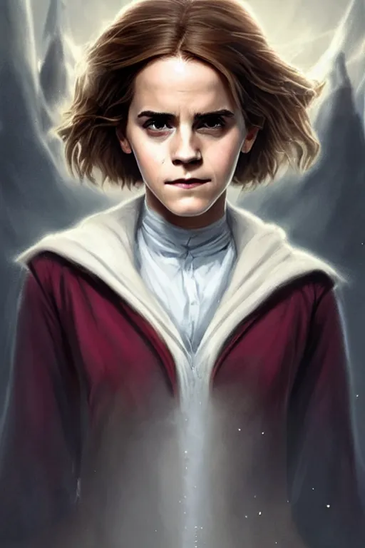 Prompt: Poster artwork, Emma Watson as Hermione Granger, wearing hogwarts!!! robes!!!, magnificent, close up, details, sharp focus, elegant, highly detailed, illustration, by Jordan Grimmer and greg rutkowski and PiNe(パイネ) and 薯子Imoko and 香川悠作 and wlop!!!! and maya takamura, intricate, beautiful, sunset!!!, Trending artstation, pixiv, digital Art