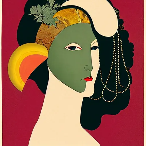 Image similar to Art in the style of Coles Phillips, Gaia, Mother Earth, side portrait, mask inside mask