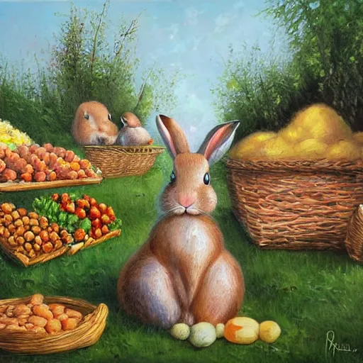 Prompt: outdoor market for bunnies, rennesaince painting hd