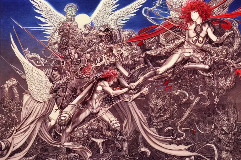 Image similar to hyper detailed illustration of angels battling demons, intricate linework, in the stlye of moebius, ayami kojima, 90's anime, retro fantasy