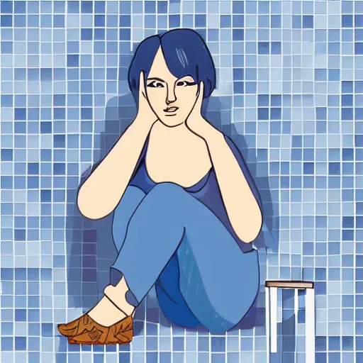 Image similar to short blue haired woman, sitting in tile bathroom, american pop animation style