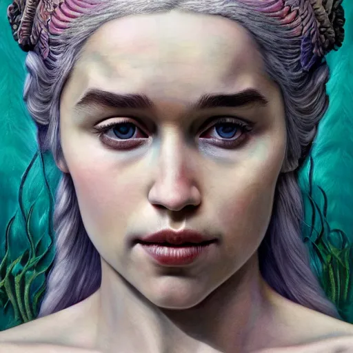 Image similar to daenerys targaryen, exterior botanical garden, portrait face, colorful, frantisek kupka, intricate, miles johnston, kuroda seiki, cynical realism, ozabu, john william godward, painterly, yoshitaka amano, moebius, miles johnston, louise zhang, james jean, mark ryden lowbrow pop surrealism art style