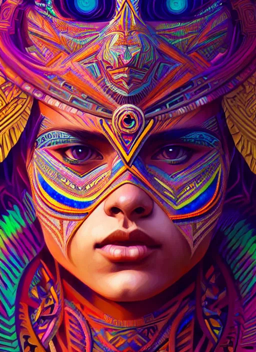 Prompt: hyper detailed ultra sharp of a beautiful tribal aztec trance girl. trending on artstation, warpaint aesthetic, earthwave, colorful, psychedelic, ornate, intricate, digital painting, concept art, smooth, sharp focus, illustration, art by artgerm and greg rutkowski and alphonse mucha, 8 k