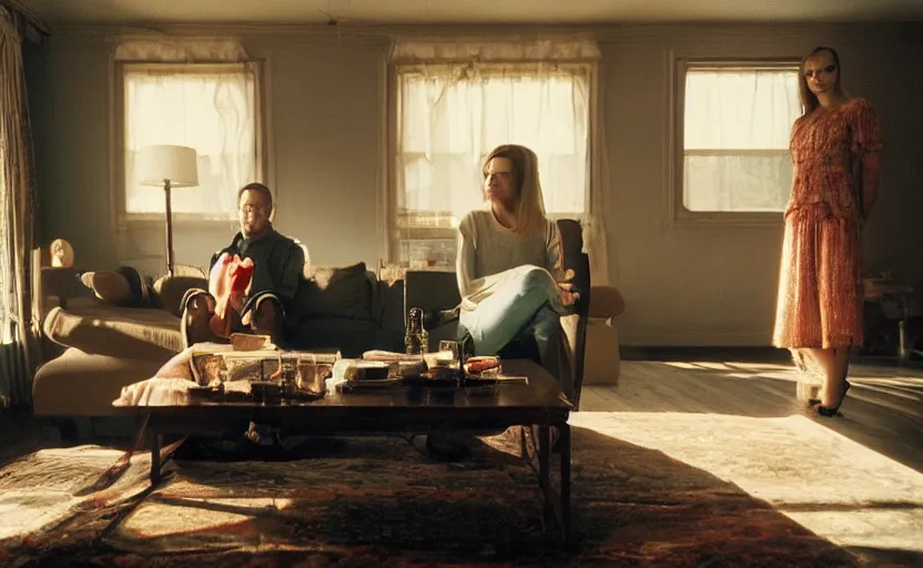 Prompt: A moody photograph of a woman sitting next to a man in a 90s living room, Gregory Crewdson, Wes Anderson