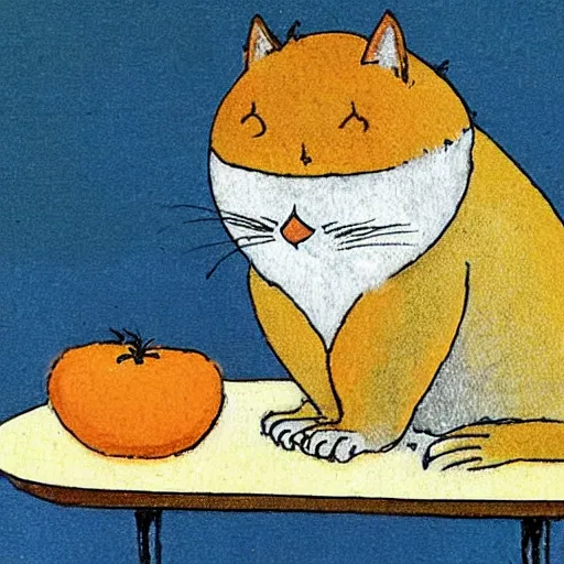 Prompt: fat orange cat on a table with lasagna by maurice sendak