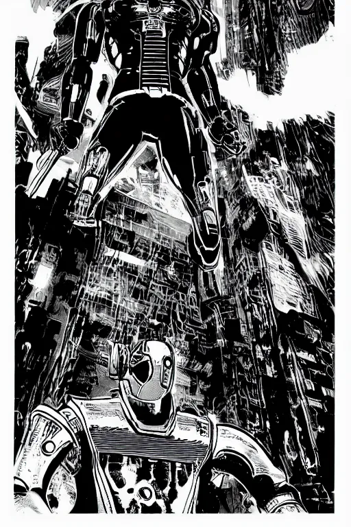 Image similar to ultron, a page from cyberpunk 2 0 2 0, style of paolo parente, style of mike jackson, 1 9 9 0 s comic book style, white background, ink drawing, black and white