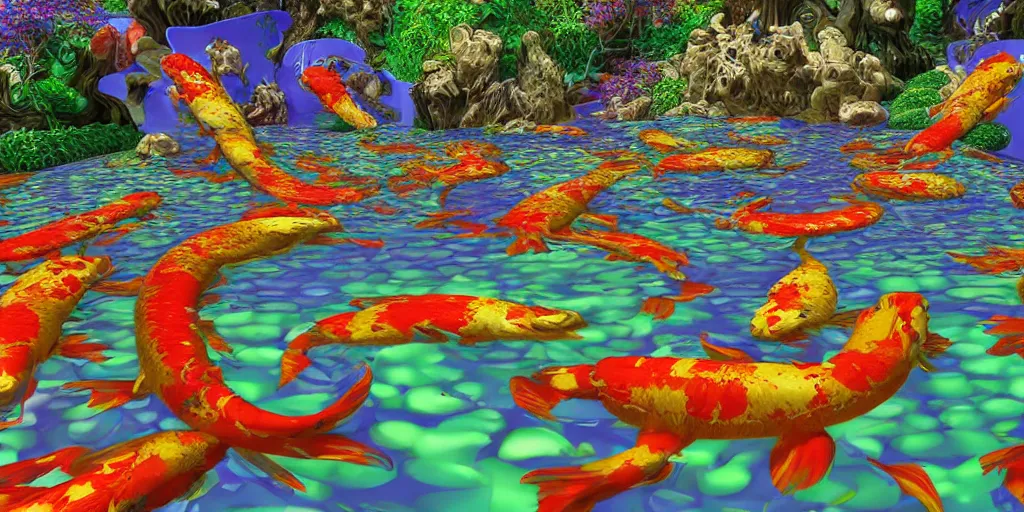 Image similar to psychedelic koi fish pond, mc escher, hyper detailed illustration, unreal engine 5,