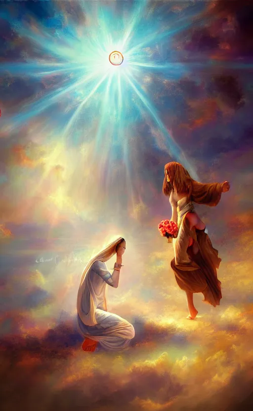 Prompt: Meeting God in heaven, digital art, trending on art station