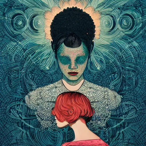 Image similar to portrait, huge daisy flower as a head, woman in modern apartment, surreal, dramatic light, by victo ngai by james jean, by rossdraws, frank franzzeta, mcbess